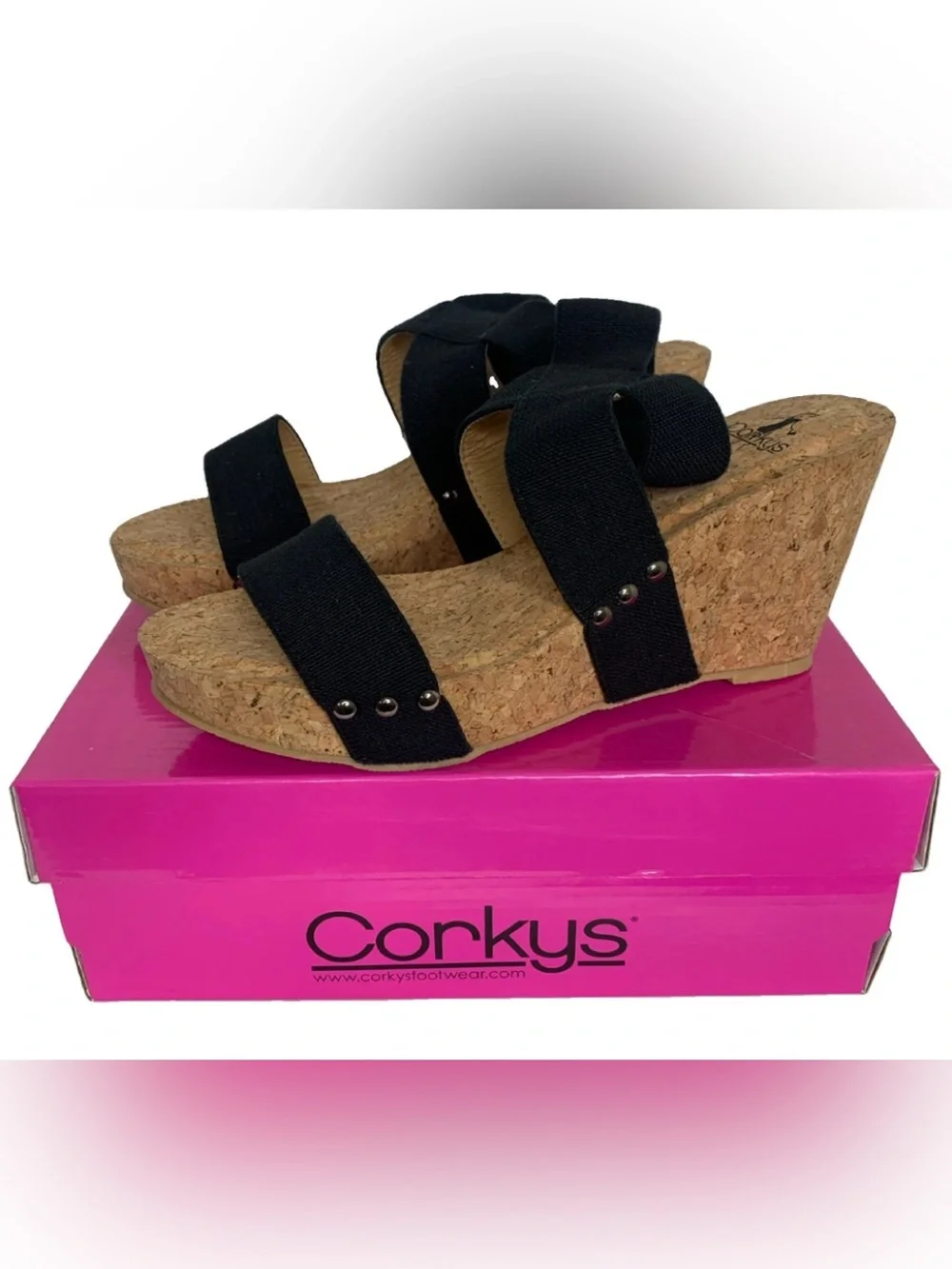 Corky’s Liberty Black Shoes Size 9 Platform Wedge Strappy Cork Sole New In Box